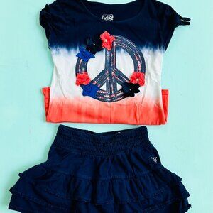 Justice Matching Set Top and Skirt Navy and Melon Peace Flowers Ruffled Skirt